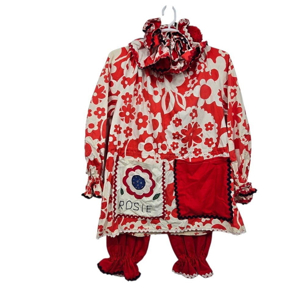 Vintage 60s 70s Handmade 2pc Clown Suit ROSIE Red White Ruffled Collar Pants Top